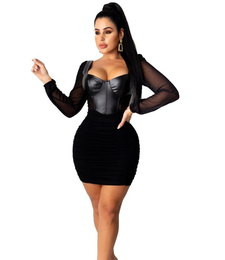 PU Mesh Falten-Minikleid – Sexy & Elegant im modernen Stil